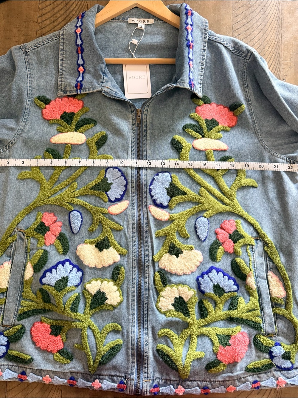 NWT Adore XL Embroidered Zip Front Denim Jacket Floral Statement Blue Boho - Picture 5 of 15